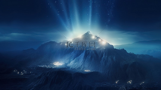 魔法山背景图片_令人眼花缭乱的蓝色山景，闪闪发光的耀斑和闪闪发光的光线由灰尘颗粒效果 3D 渲染增强