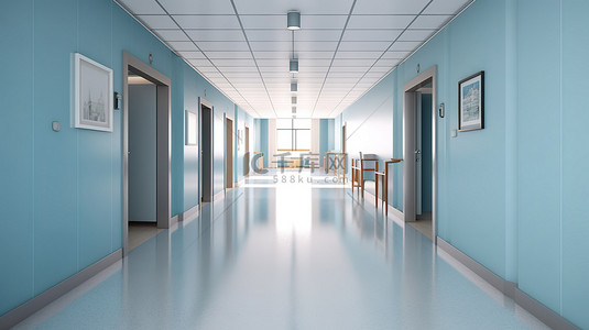 荒凉的医院走廊和封闭的房间入口 3D 现实主义