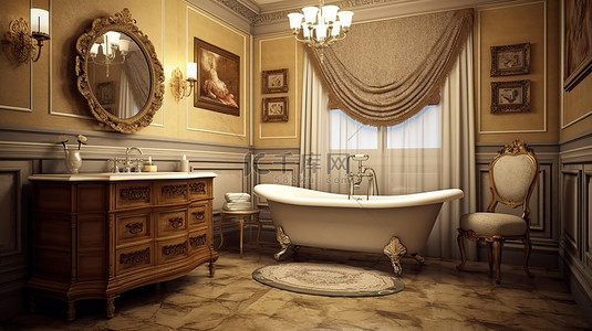 仿古风格的浴室通过 3D 渲染栩栩如生
