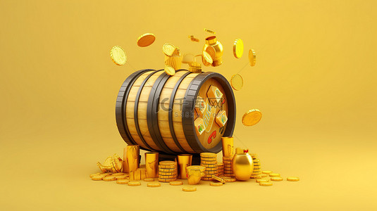 在线赌场老虎机的 3D 渲染，带有飞行金币和桶，在充满活力的黄色背景上