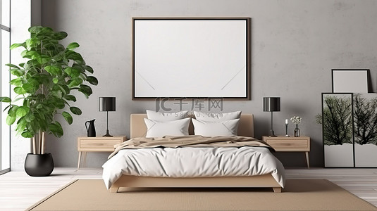 家庭海报背景背景图片_带框架样机的现代卧室内部 3D 渲染