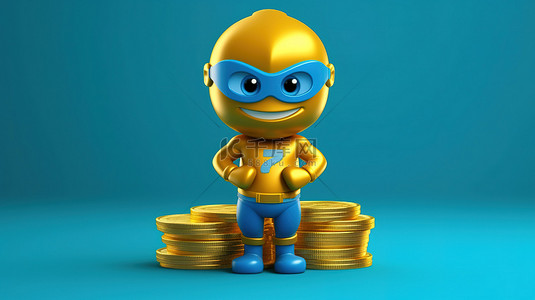 蓝色健身追踪器的 3D 渲染，在充满活力的黄色背景上佩戴忠诚计划奖金硬币人吉祥物
