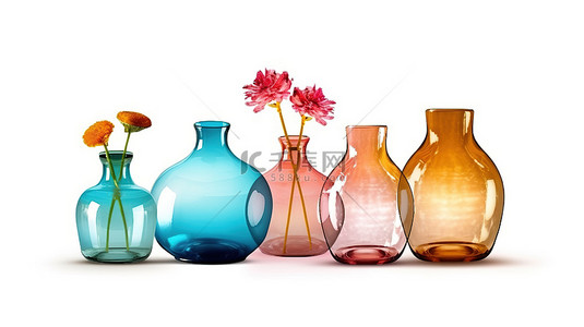 3D 渲染中白色背景陶瓷瓶系列上充满活力的花瓶和玻璃器皿