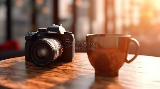 背景模糊的桌子上相机和咖啡杯的艺术 3D 渲染