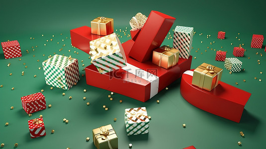 喜庆的 3D 设计红白金礼盒，带有点状丝带图案，漂浮在充满活力的绿色背景上，非常适合圣诞节和新年庆祝活动