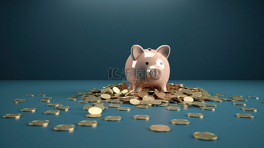 财务规划变得容易省钱与 3D 存钱罐和蓝墙上的金币