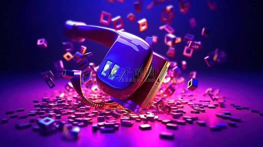 充满活力的紫色霓虹灯 3D 渲染中固定电话的解体