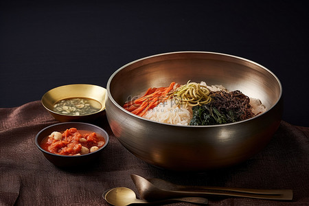 韩式石锅背景图片_韩式亚洲风格饭碗，配汤和调味品