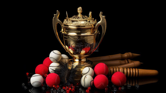 深色体育场背景图片_红色板球顶上的皇家 3d 皇冠和奖杯杯，深色背景上有堆叠的硬币和交叉的蝙蝠