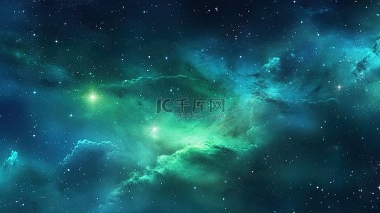 迷人夜空的垂直背景，繁星点点的奇观和发光的蓝绿色星系令人惊叹的 3D 宇宙插图