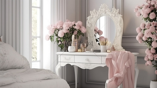 卧室绿洲 3d 渲染舒适的角落，配有梳妆台和新鲜玫瑰