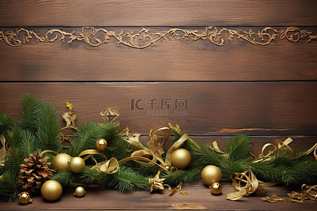 木桌背景上的小金色圣诞树