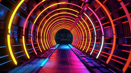 多彩多姿的霓虹灯照明照亮了 3D 插图中圆形隧道的几何内部