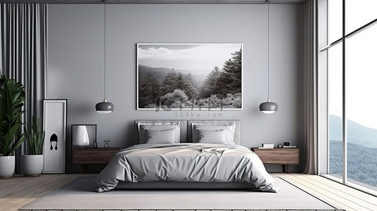 灰色调的现代卧室内部展示了一个空框架模型，以令人惊叹的 3D 渲染呈现