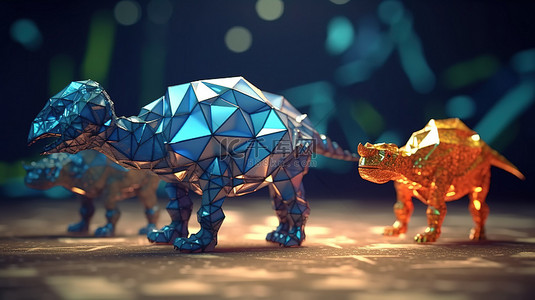 618收藏有礼背景图片_各种钻石形式的动物形象大步恐龙描绘自然和动物具有低多边形特征的 3D 动画无缝循环