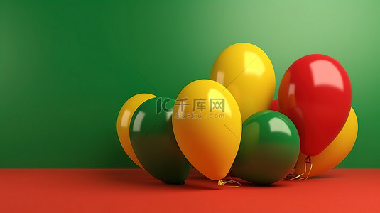 圣诞贺卡模板充满活力的绿色和红色气球在 3D 渲染中漂浮在阳光明媚的黄色背景之上