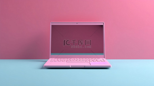 互联网屏幕背景图片_令人惊叹的双色调风格渲染时尚粉色笔记本电脑，蓝色背景下设置空白屏幕