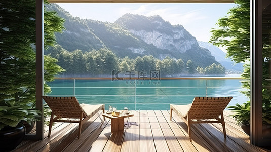 宁静的度假胜地 3D 渲染酒店露台，享有风景如画的湖景