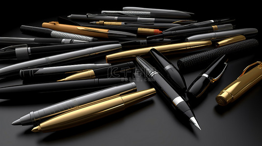 绘画钢笔背景图片_各种钢笔套装以 3D 渲染并在黑色背景上隔离