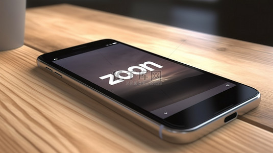 通过 3D 渲染的智能手机在木质桌面上显示缩放应用程序徽标