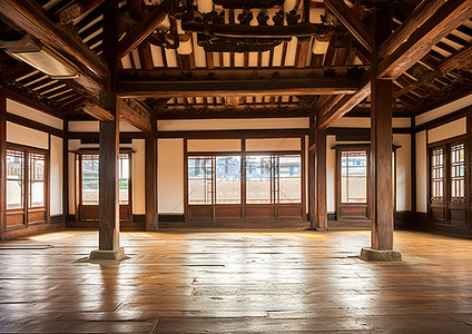 客房欢迎卡背景图片_古老亚洲宫殿内的客房配有木梁和木地板