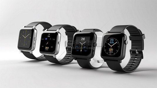 现代智能手表的白色背景 3D 渲染，不同位置有黑色表带