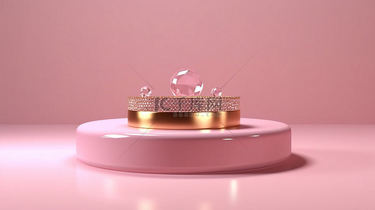 海水泡泡背景背景图片_粉红色和金色抽象讲台上显示的水晶组的 3D 渲染
