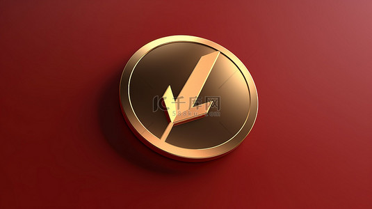 红色哑光金色背景板上显示的向右圆圈中的金色箭头 3D 渲染的社交媒体符号