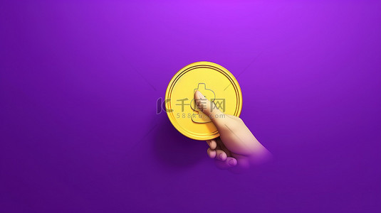 箭头点击gif背景图片_紫色空白界面的 3D 插图，带有卡通手点击金币