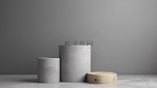 灰色展台背景图片_受自然启发的产品展示时尚的 3D 灰色展示在木质圆柱支架上，背景简约