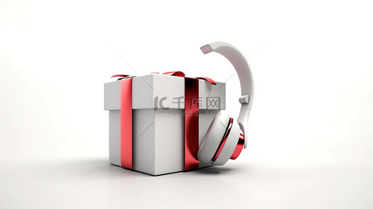 白色礼品盒的 3D 渲染，上面有红色丝带，白色背景上有耳机