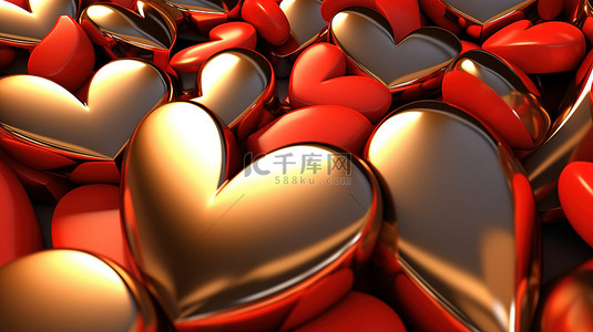 金色爱心背景图片_大量壁纸背景上的 3D 渲染红色和金色心脏