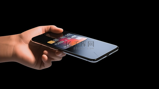 它背景图片_智能手机屏幕的 3D 渲染，手用信用卡触摸它