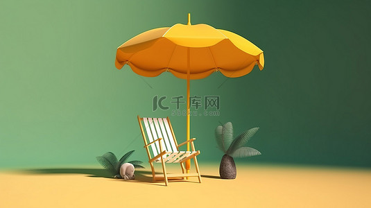 简约风格 3D 渲染，配有沙滩椅和遮阳伞，适合暑假概念