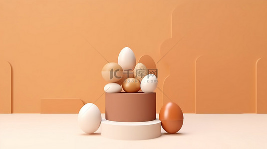 简约的复活节讲台，配有棕色 3D 渲染的彩色鸡蛋组合物