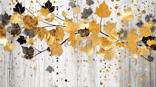 艺术作品设计背景图片_金色和白色的树叶是一件带有黑色飞溅和飞溅点的 3D 艺术作品，非常适合墙壁装饰