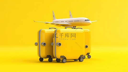 充满活力的航空旅行背景 3D 渲染上的黄色喷气机和行李
