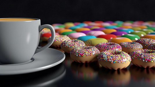 灰色 3D 设计中充满活力的甜甜圈和咖啡杯