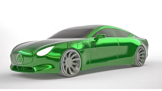 在白色工作室环境中以 3D 渲染的没有品牌的绿色汽车