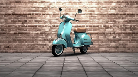 复古蓝色摩托车停在砖墙 3D 渲染前
