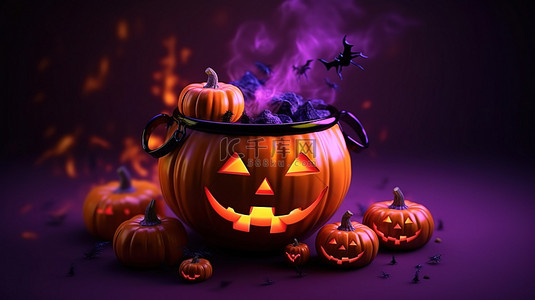 幽灵般的万圣节场景女巫的大锅和杰克奥灯笼在紫色背景传统十月假期 3D 渲染