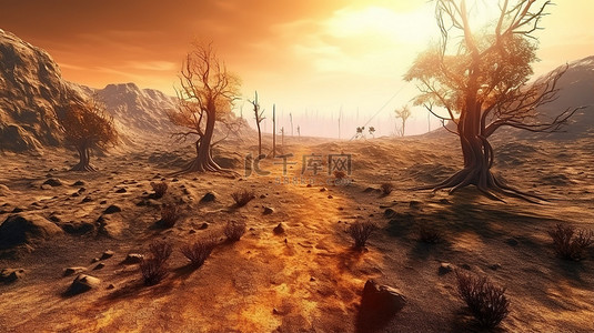 烧焦的背景图片_3d 渲染荒凉的山谷与烧焦的树木和烧焦的地面