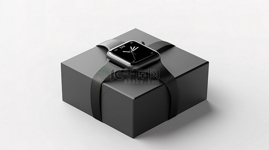 时尚的黑色智能手表模型搭配表带，并在白色背景 3D 渲染的时尚礼品盒中呈现