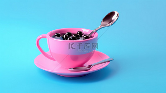 咖啡泡沫背景图片_粉红色背景 3D 渲染上的一勺 java 双色调蓝色咖啡杯
