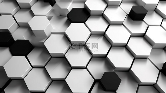 白色几何无缝模式背景图片_黑墙增强了白色几何六边形抽象背景3D渲染的美感