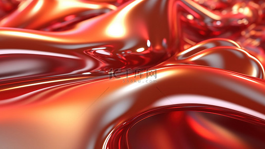 甜美的红色液体抽象背景 3D 渲染上闪闪发光的金属反射