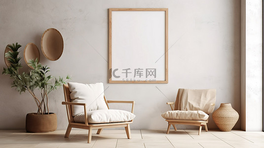 现代客厅设有模型海报框架别致的木制家具和斯堪迪波西米亚风格 3D 渲染的白色扶手椅