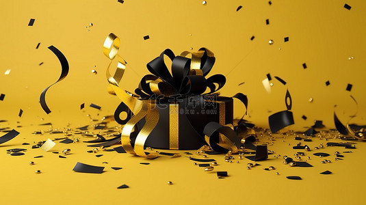 金色丝带包裹黑色礼物在黄色五彩纸屑 3d 渲染