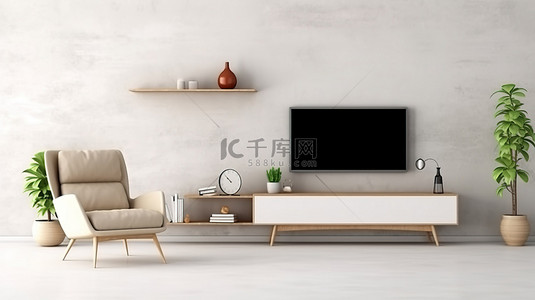 简约电视柜背景图片_简约的客厅配有白色石膏墙和电视柜，配有扶手椅 3D 渲染