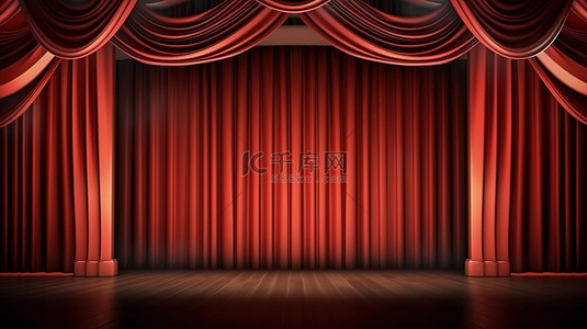 舞台或地板模板上电影院窗帘的 3D 渲染插图